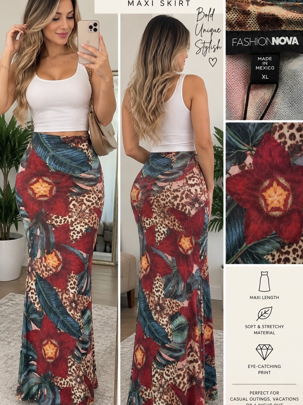 Fashion Nova Red & Green Floral Leopard Maxi Skirt